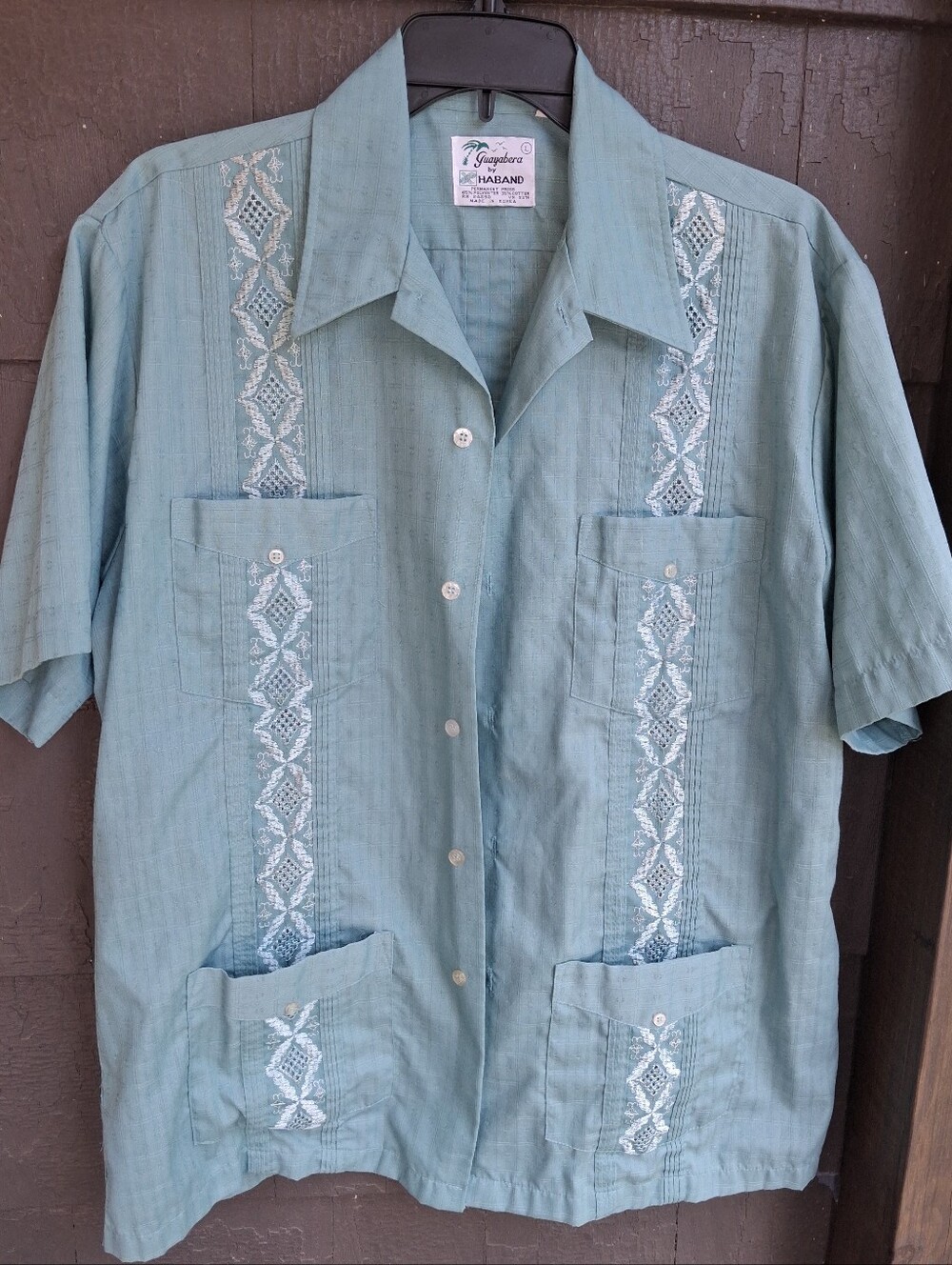 Vintage Haband Light Teal Embroidered Short-Sleeve Guayabera Shirt